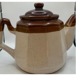 Vintage Tan and Brown Stoneware Teapot with Notched Lid Made In‎ Taiwan